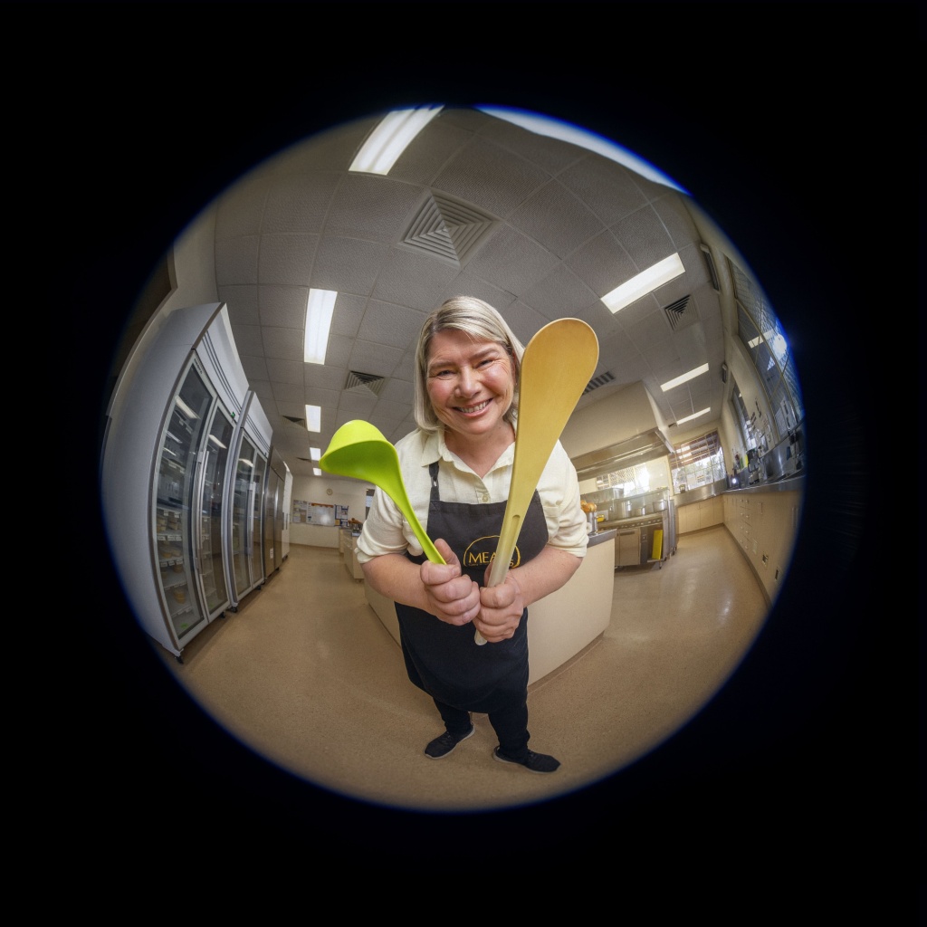 Chef through peep hole for tv advertising campaign.