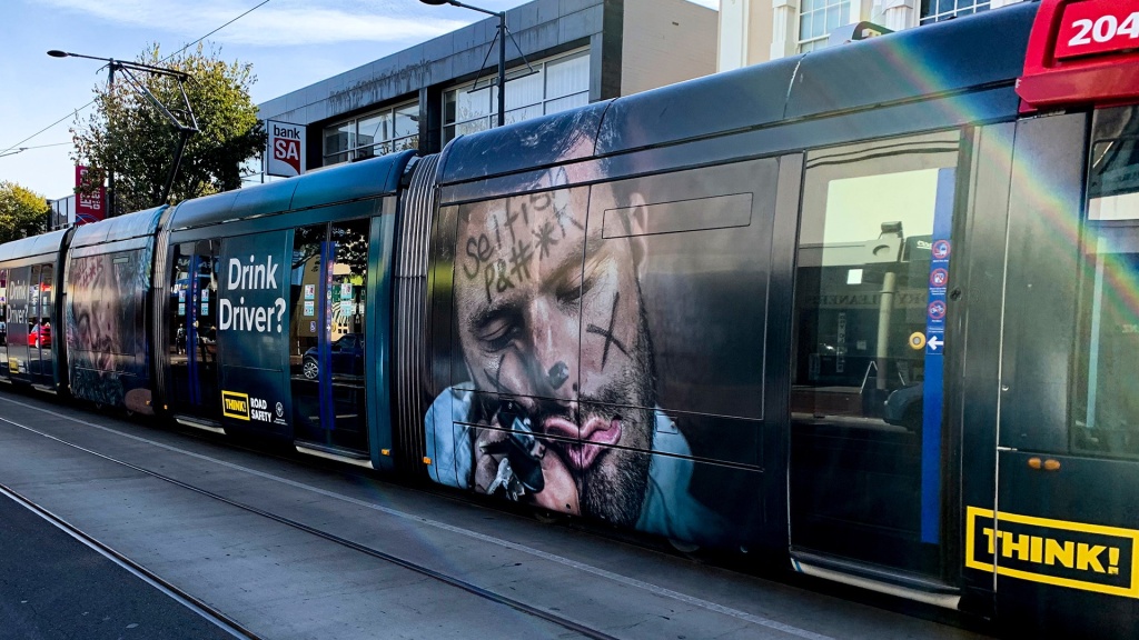 Tram wrap for behaviour change drink driving campaign.