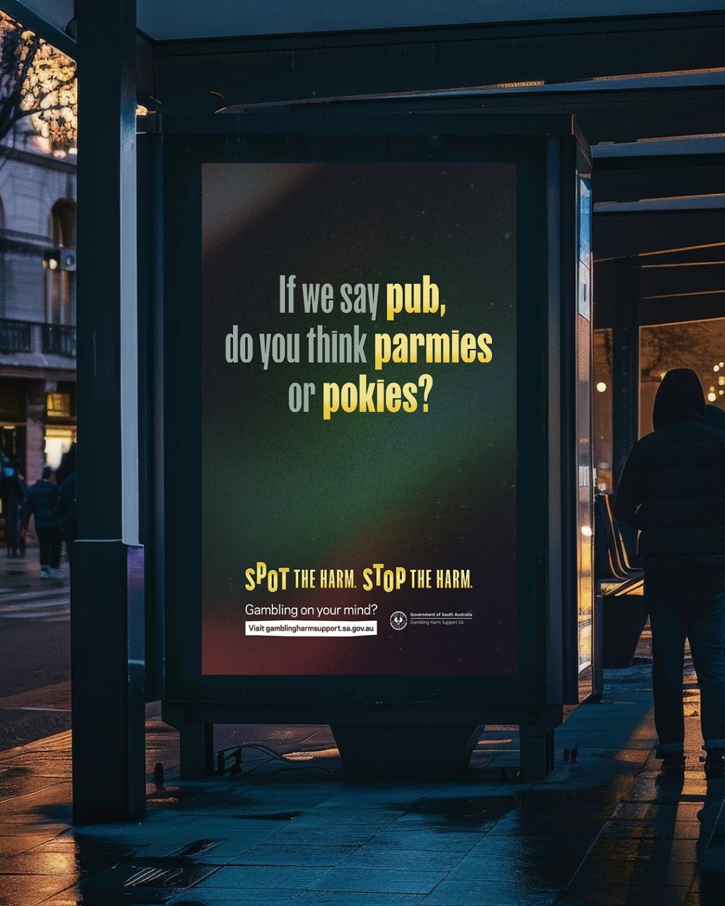 Green creative bus stop poster as a part of community health and well being anti-gambling ad campaign.