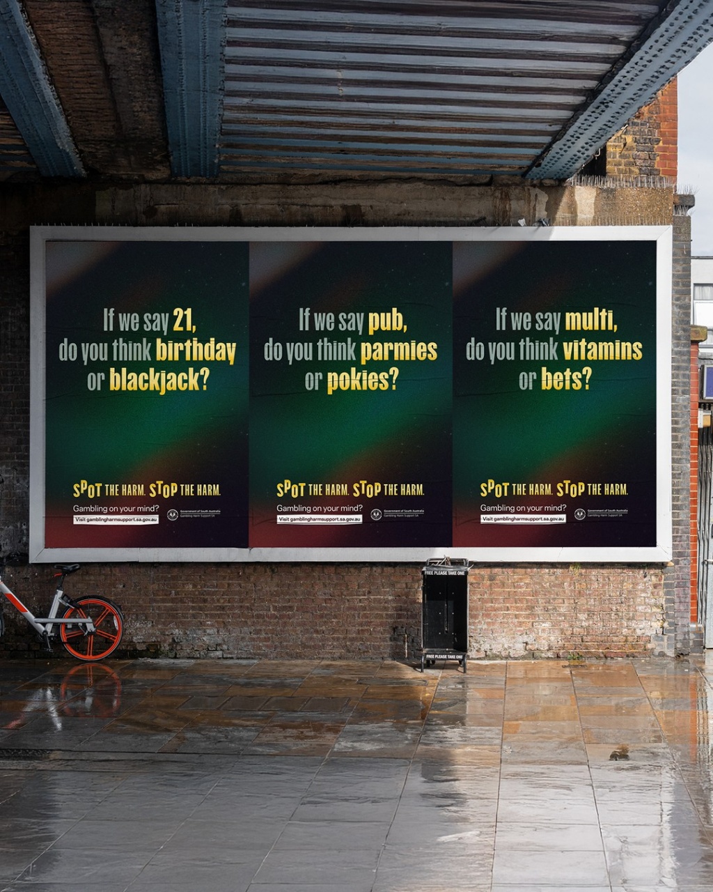 Anti-gambling posters as a part of community health and wellbeing campaign.