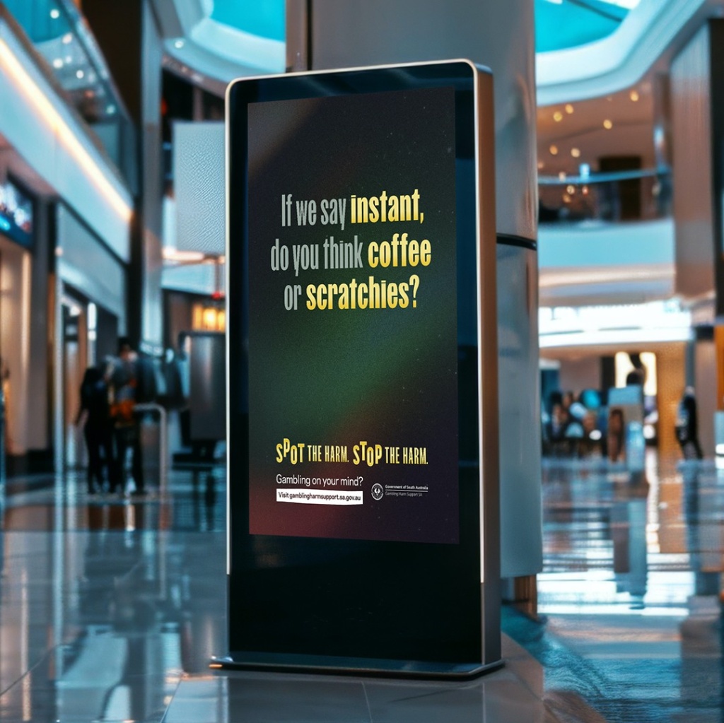 In situ shop poster mock up "Spot the harm. Stop the harm." creative marketing campaign.