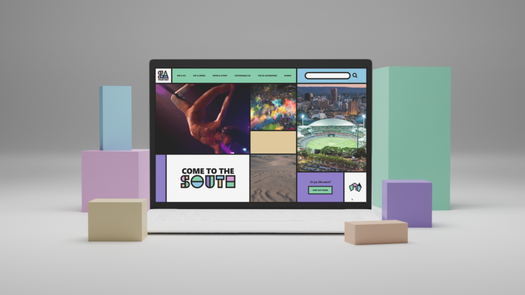 Computer with animated website design.