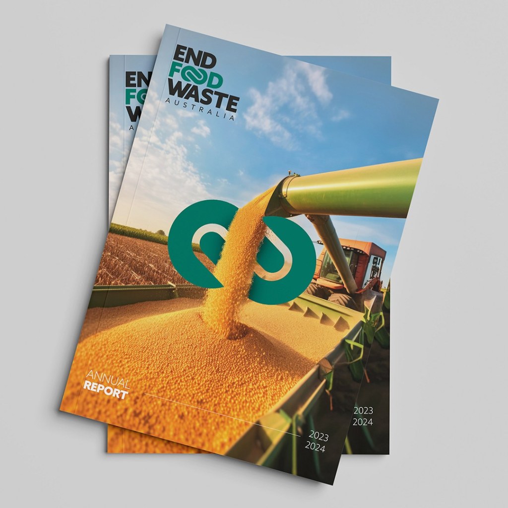 Annual report cover design of truck pouring grain with logo mark as part of brand identity.