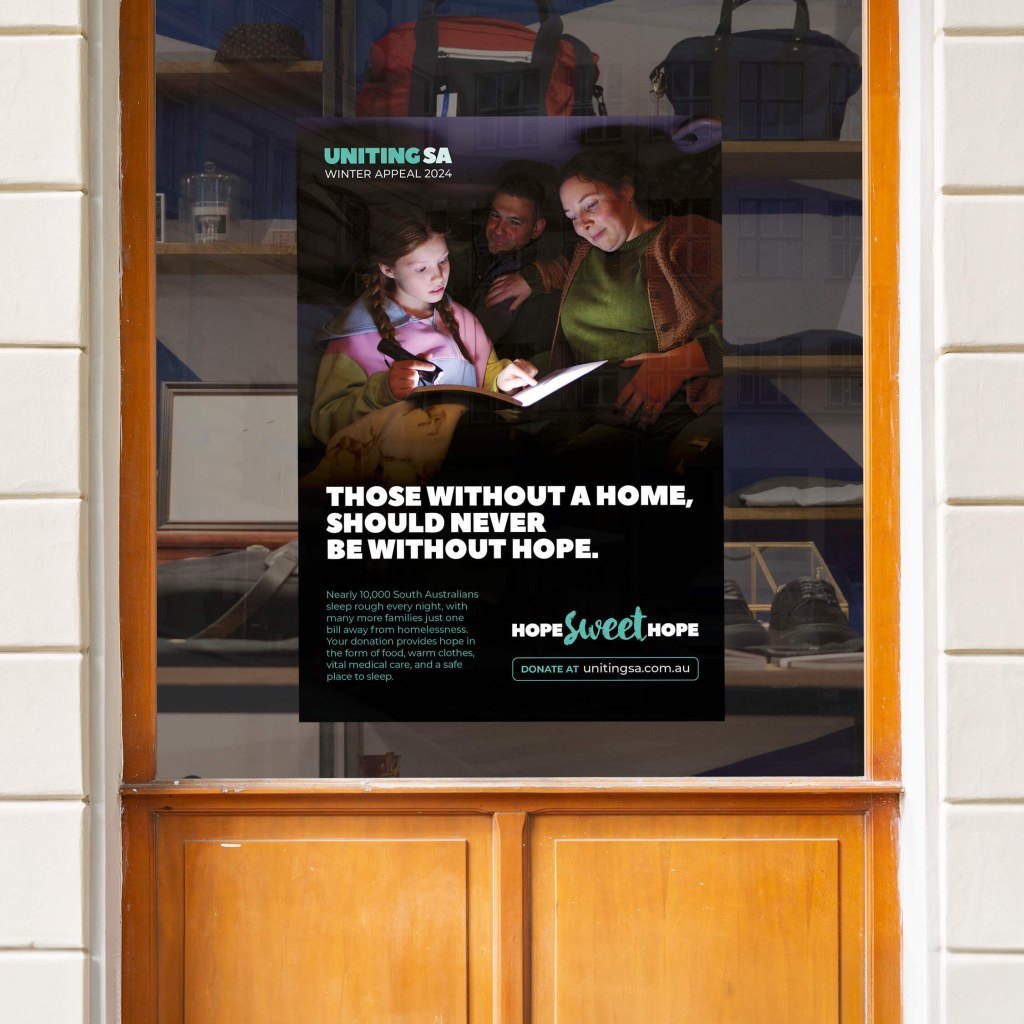 Outdoor poster for Hope Sweet Hope winter appeal campaign.